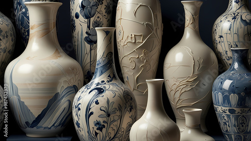 abstract illustration that merges the crisp details of porcelain painting with flowing shapes and muted blue, cream, and ivory tones, resembling the artistic quality of hand-painted porcelain vases photo