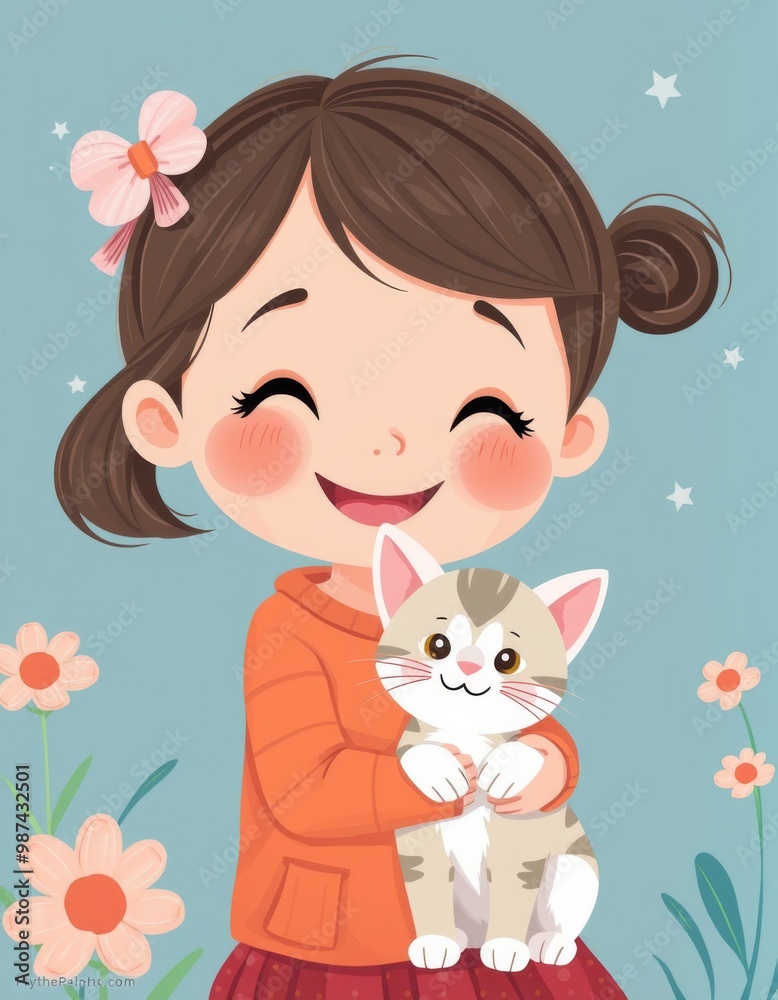 Smiling girl with kitten: cute and charming drawn illustration of joyful friendship Smiling girl with kitten: cute and charming drawn illustration of joyful friendship