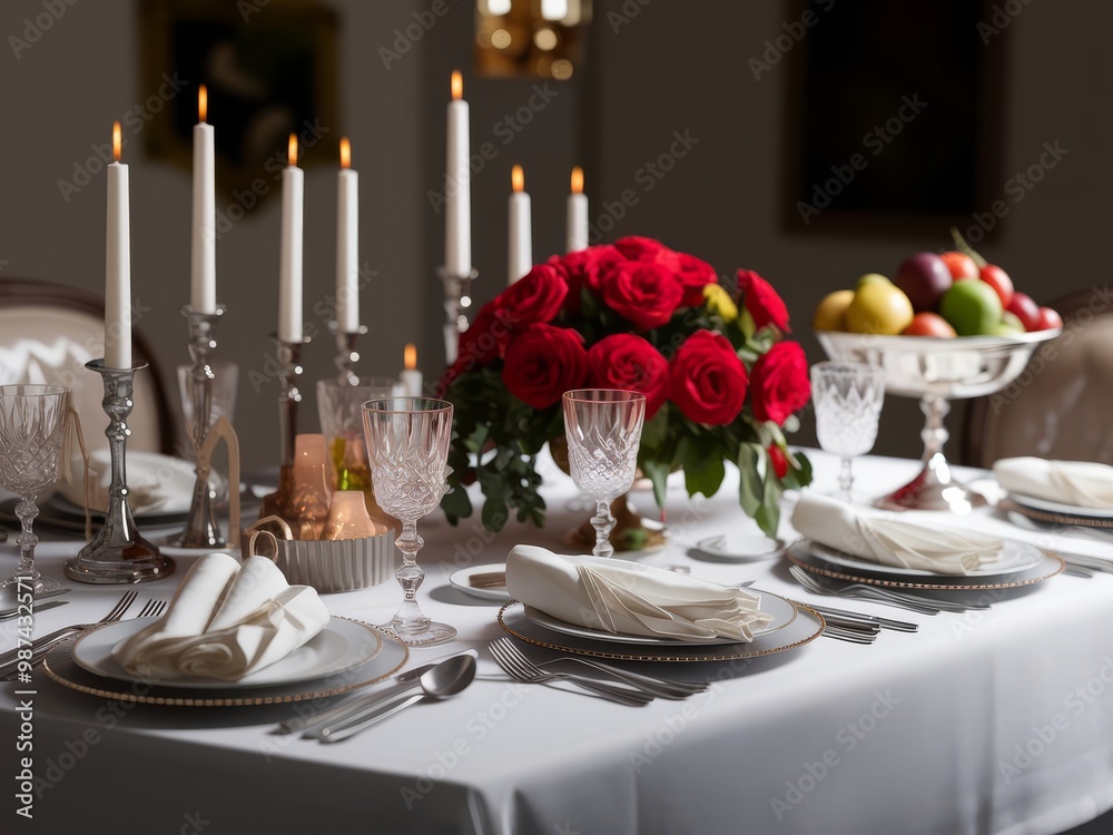 Fototapeta premium Elegant dinner table setting with roses and candlelight ambiance