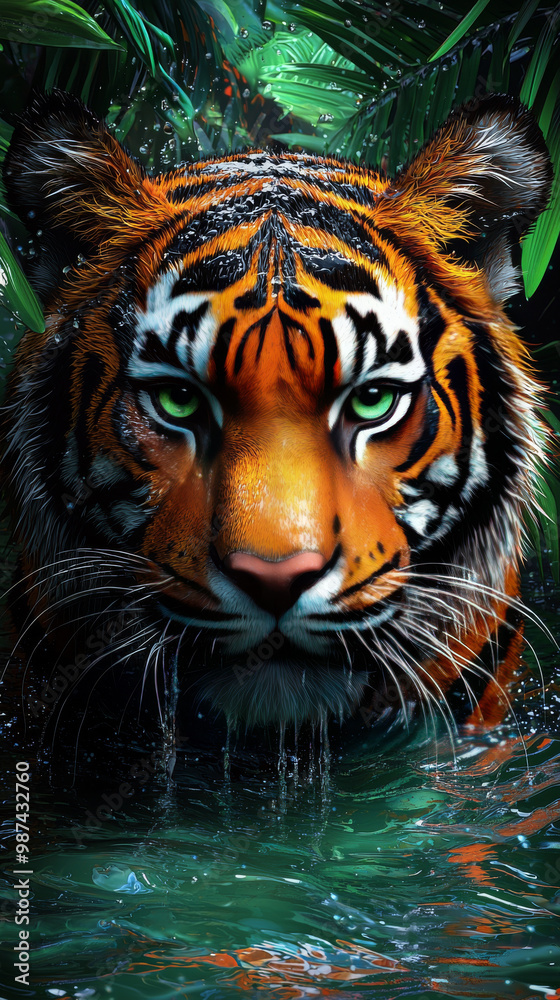 Fototapeta premium A tiger emerges from the water, its green eyes piercing through the dense foliage.