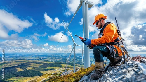 An industrial worker skillfully repairs a towering wind turbine against a brilliant blue sky, showcasing the commitment to renewable energy and the essential work involved in sustainable practices.