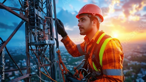 A skilled telecom technician expertly climbs a radio tower while securely fastened with a safety harness, showcasing the importance of safety in telecommunication work and tower climbing activities.