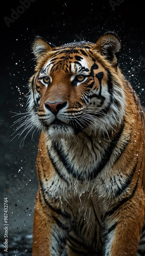 Tiger portrait with splashes and drops.