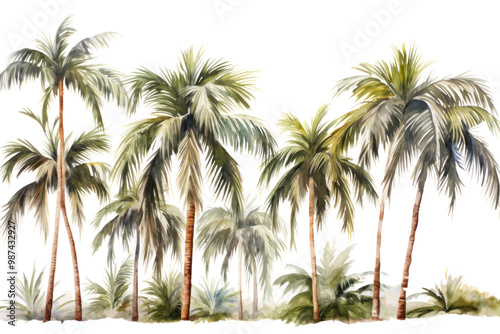 Palm trees painted with watercolors on a white background