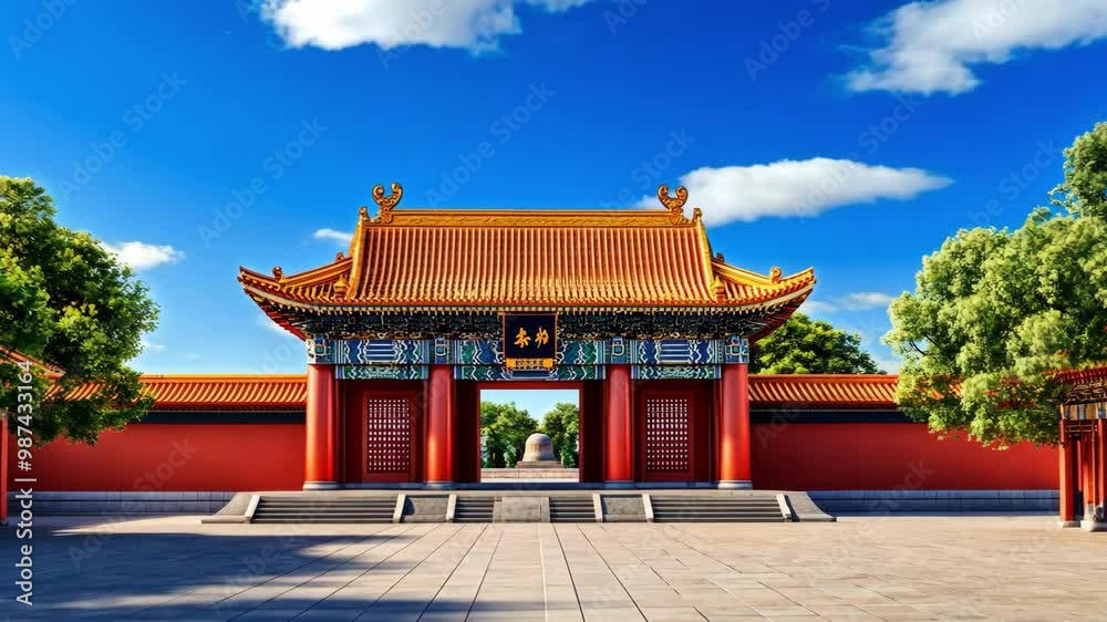 Ancient palace gates with blue sky and white clouds with red walls in gold tiles Ancient palace gates with blue sky and white clouds with red walls in gold tiles