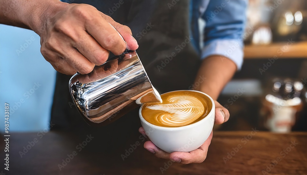 Hand of Barista Use Cup a Latte Art in Cafe Hand of Barista Use Cup a Latte Art in Cafe