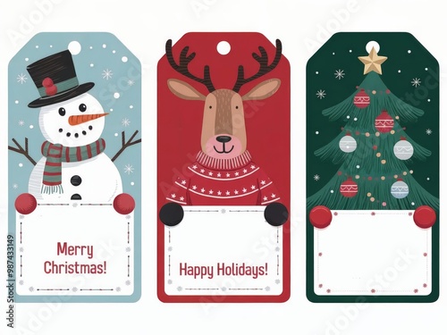 Festive holiday gift tags with snowman, reindeer, and christmas tree designs