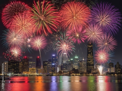 Vibrant fireworks over city skyline at night with reflections on water