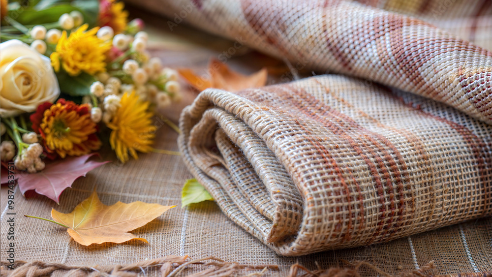 A cozy rolled woven blanket next to a bouquet of flowers and autumn leaves on a textured fabric A cozy rolled woven blanket next to a bouquet of flowers and autumn leaves on a textured fabric