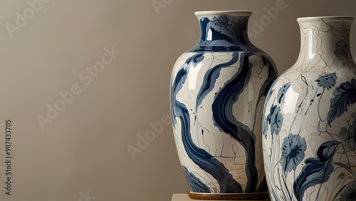 abstract illustration that merges the crisp details of porcelain painting with flowing shapes and muted blue, cream, and ivory tones, resembling the artistic quality of hand-painted porcelain vases photo