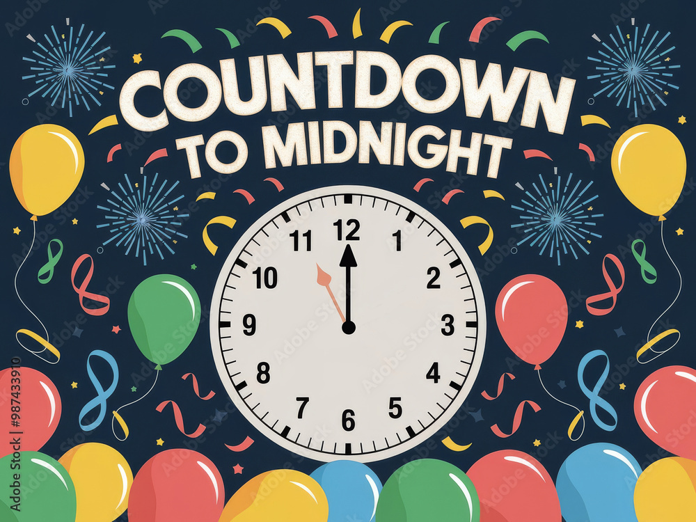 Festive new year's eve countdown celebration with balloons and clock illustration Festive new year's eve countdown celebration with balloons and clock illustration