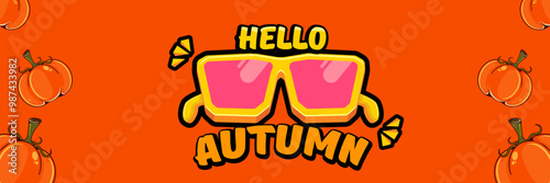 Super Hello Autumn vector banner with text and retro yellow sunglasses isolated on stripped background. Hello Autumn poster design template with cartoon sunglasses, retro rainbow, good vibes