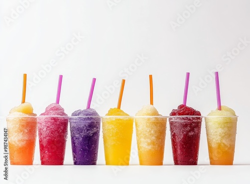 Colorful Slushies with Straws in Plastic Cups
