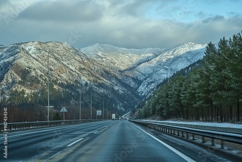 The highway is quiet and looks like a beautiful mountain .generative ai