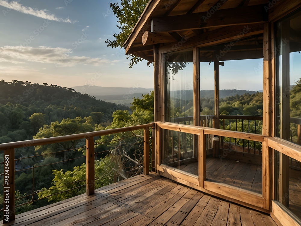 Treehouse with a wooden deck overlooking a valley. Treehouse with a wooden deck overlooking a valley.