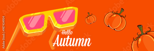 Super Hello Autumn vector banner with text and retro yellow sunglasses isolated on stripped background. Hello Autumn poster design template with cartoon sunglasses, retro rainbow, good vibes