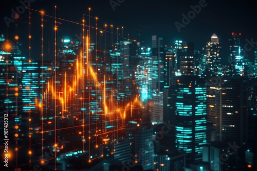 Abstract Financial Growth Concept with Glowing Graph and Cityscape