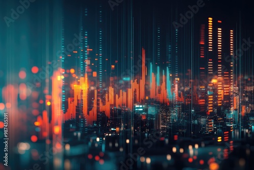 Abstract Financial Growth Concept with Glowing Graph and Cityscape