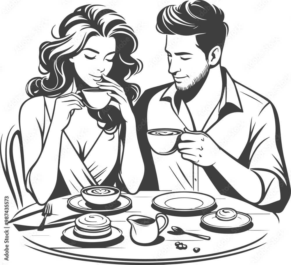 Wedding husband and wife are sitting at the table and drinking coffee silhouette vector design Wedding husband and wife are sitting at the table and drinking coffee silhouette vector design