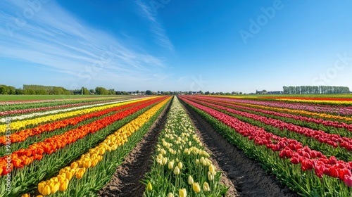 A wide flower field in full bloom, with rows of flowers stretching to the horizon under a clear blue sky