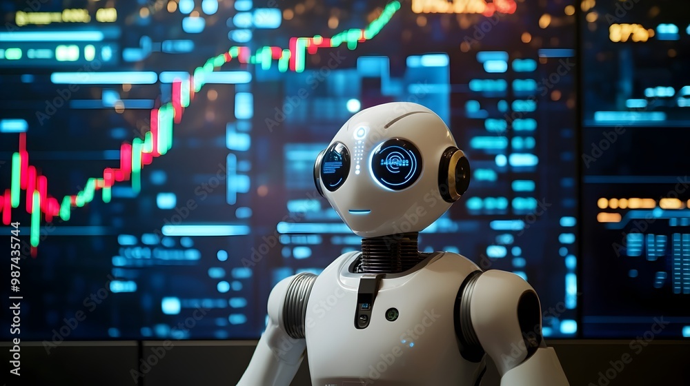 Robot standing in front of a digital screen displaying market trends and analytics showcasing the power of data driven decision making and AI s leading role in transforming the financial industry