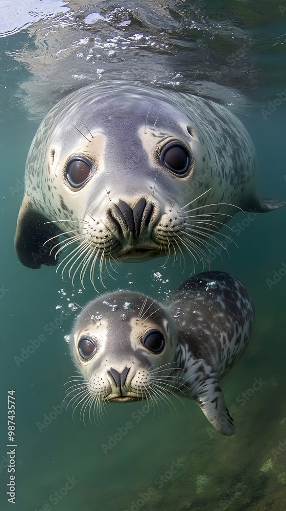 Fototapeta premium Mother Seal Swimming with her Pup, Abstract Image, Texture, Pattern Background, Wallpaper, Cover and Screen for Smartphone, PC, Laptop, 9:16 and 16:9 Format