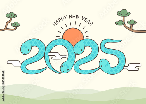 2025년 새해 연하장 뱀 일러스트. 새해 인사 연하장