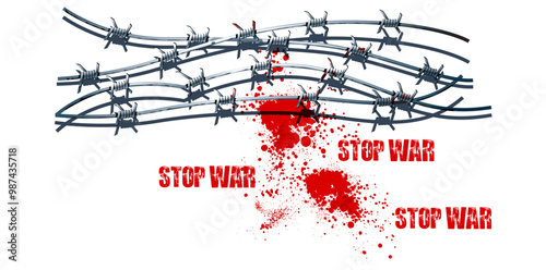 Stop War Grunge Text And Splattered Blood With Barbed Wire Elements Vector Illustration.	