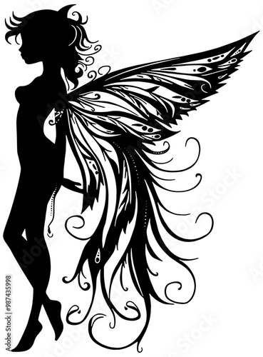 Silhouette of a fairy with wings in black, isolated 