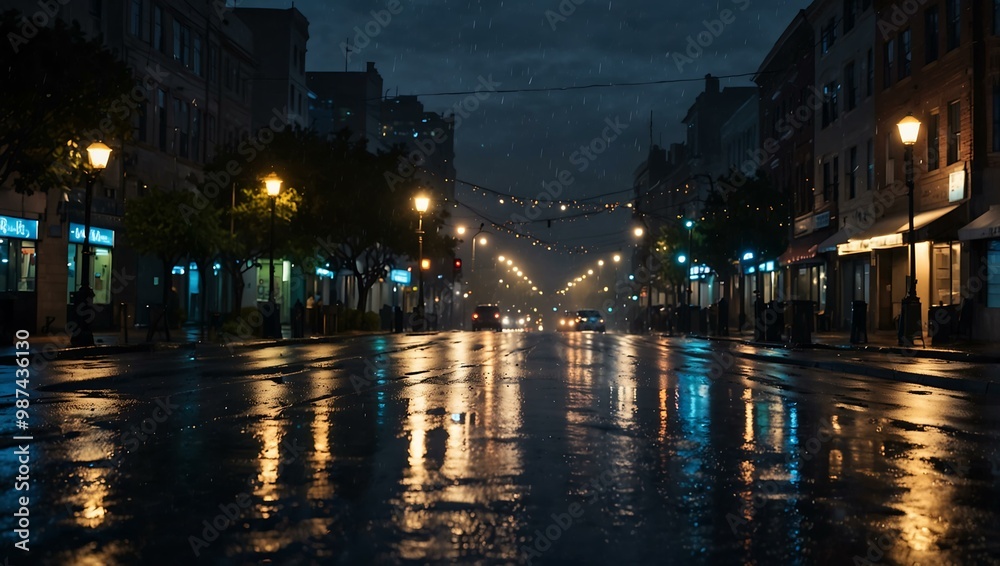 Twilight cityscape with shimmering bokeh lights on rain-slicked streets. Twilight cityscape with shimmering bokeh lights on rain-slicked streets.