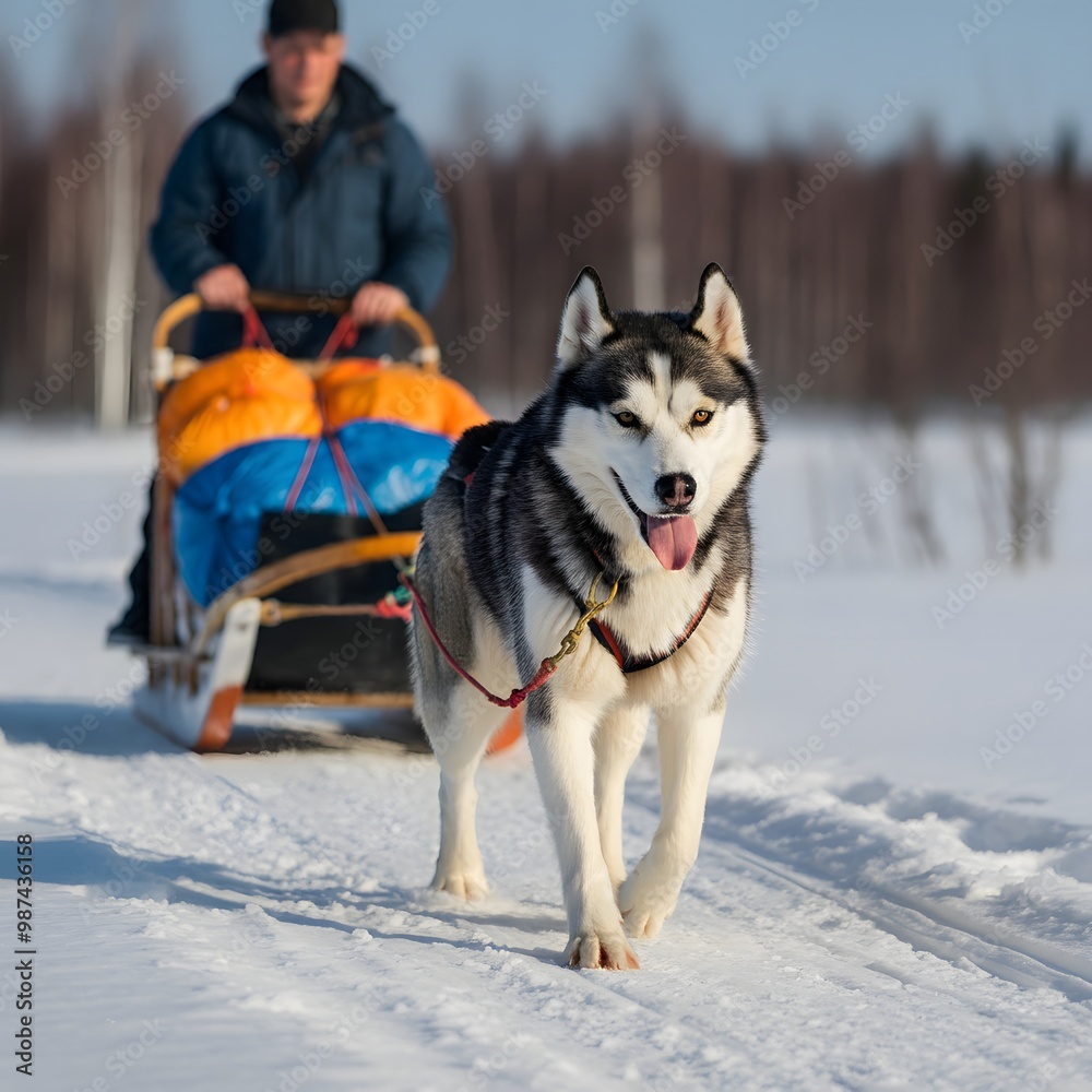 A Siberian Husky pulling a sled through a snowy landscape A Siberian Husky pulling a sled through a snowy landscape