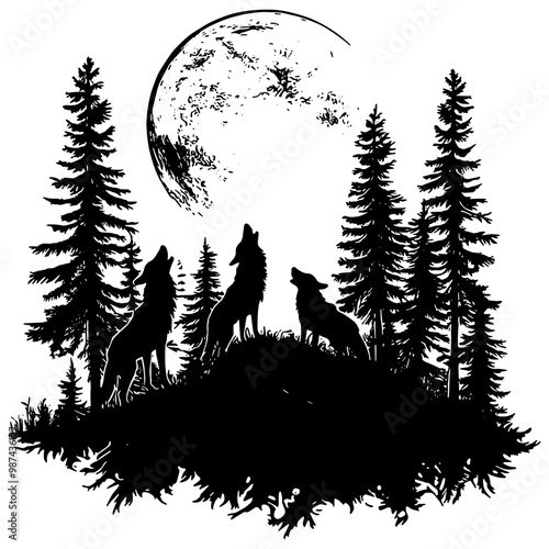 Wolf pack howling at the moon, illustration in black, isolated 