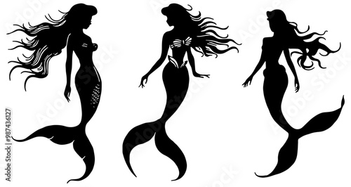 Set of Mermaids in silhouette, isolated 
