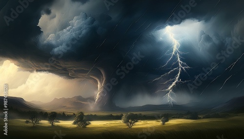 Thunderstorms that occur in large open fields The sky was filled with thick black swirling cloud