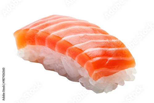 One piece salmon sushi Isolated on a white background Show details of meat, fish and rice