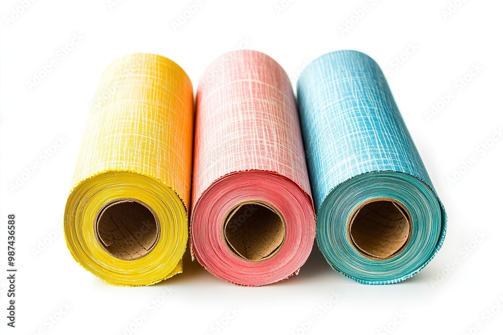 Three colorful wallpaper rolls isolated on white.generative ai Three colorful wallpaper rolls isolated on white.generative ai