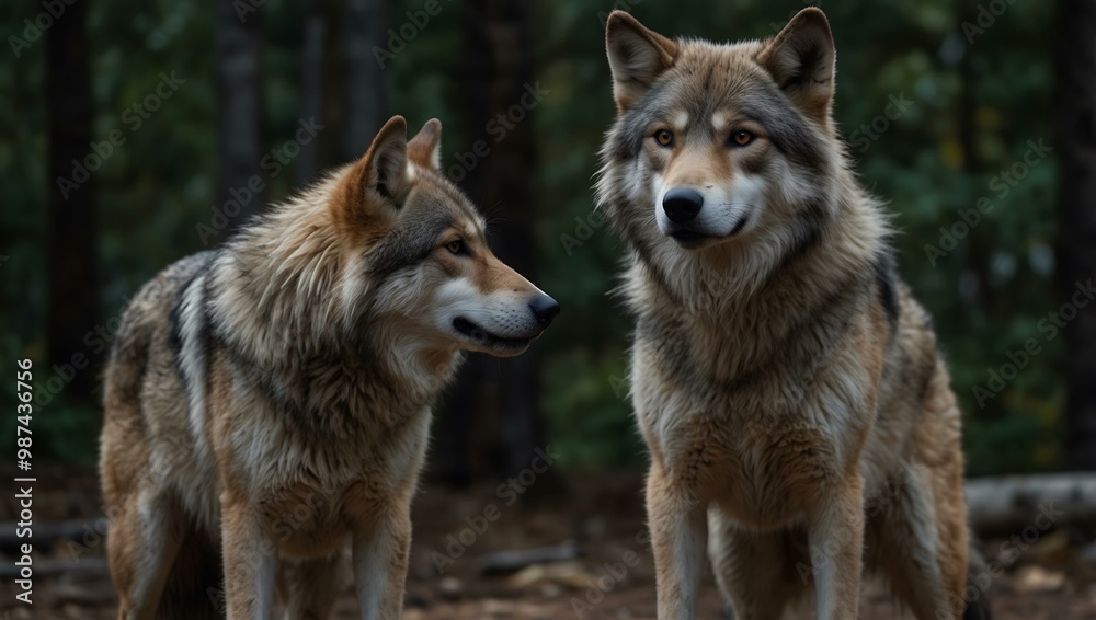 Two wolves stand together, gazing at each other. Two wolves stand together, gazing at each other.