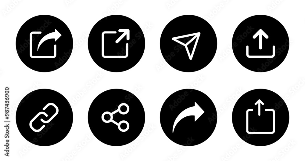 Share icon buttons set in black circle. Share icon button set isolated on white background. Share icon button in flat design. Vector illustration. Share icon buttons set in black circle. Share icon button set isolated on white background. Share icon button in flat design. Vector illustration.