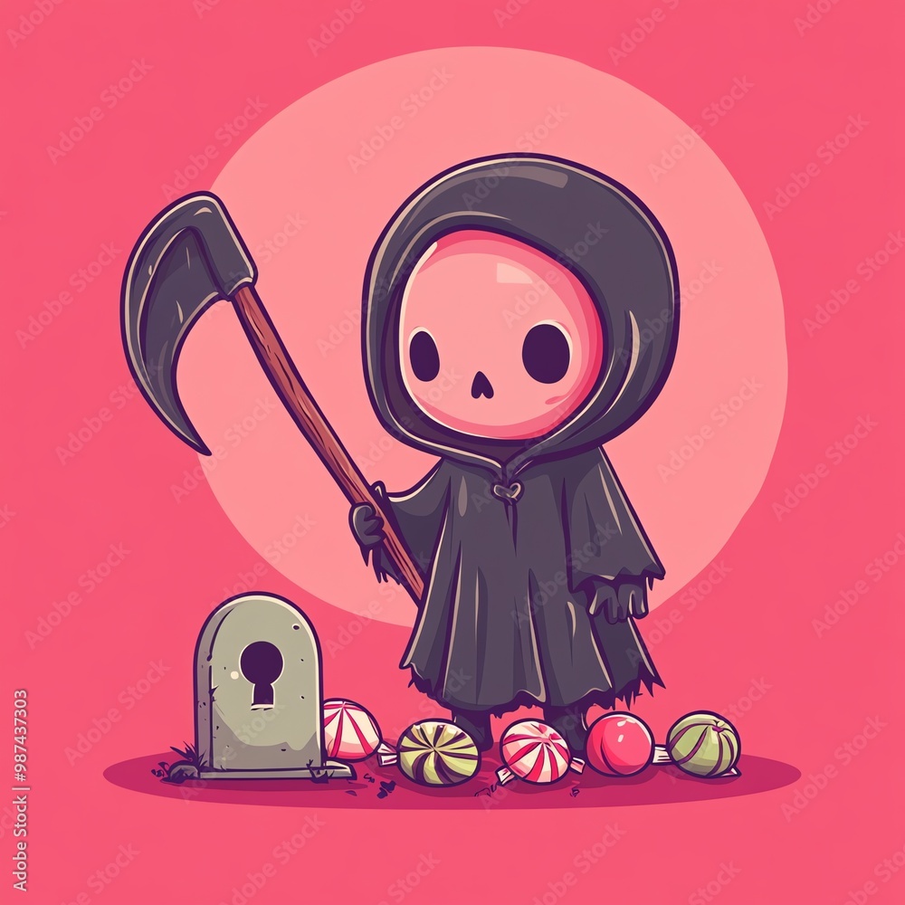 Pink Reapper cute grim reaper cartoon with pink background decorated with candy and ...