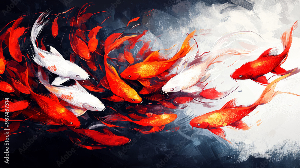 A group of red and white koi fish swim in a dark, murky water. A group of red and white koi fish swim in a dark, murky water.