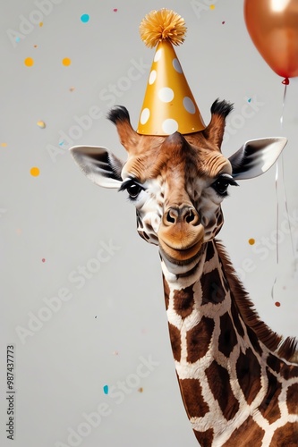 A joyful giraffe wearing a party hat, celebrating with confetti in a fun and festive scene. Perfect for birthday themes or party-related designs. Soft Background 