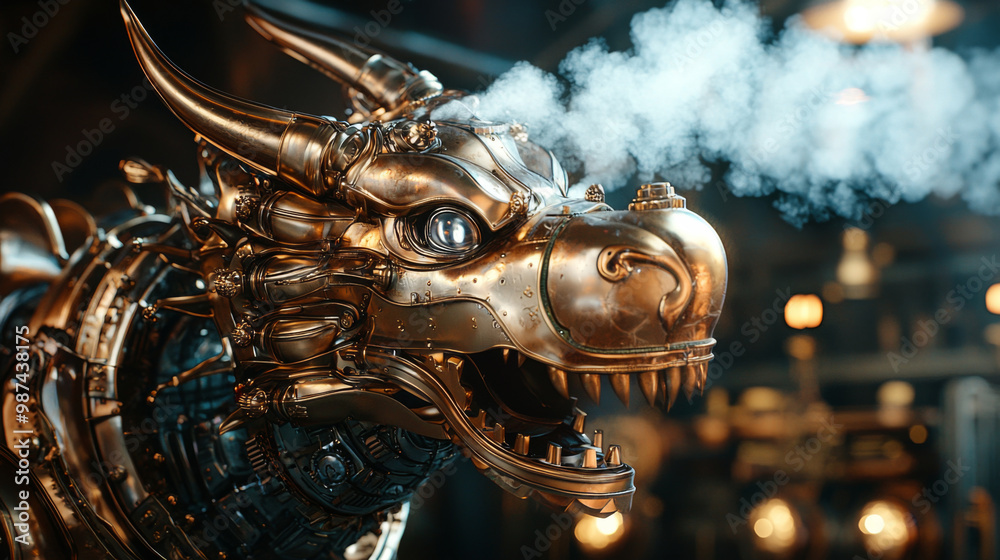 A gold dragon with a mechanical mouth and a large horn on its head A gold dragon with a mechanical mouth and a large horn on its head