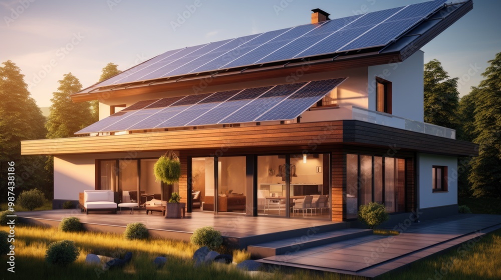 Modern Eco-Friendly Home with Solar Panels at Sunset Modern Eco-Friendly Home with Solar Panels at Sunset