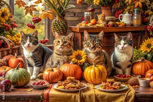 Adorable Cats Enjoying a Cozy Thanksgiving Feast Surrounded by Festive Decorations and Food