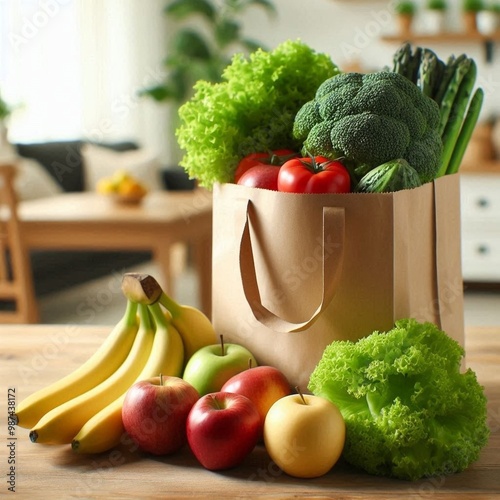 Reusable paper shopping bag with fresh organic vegetables, fruits and other grocery products on kitchen background.