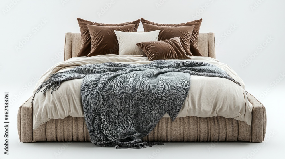 Comfortable gray bed with linens on white background Comfortable gray bed with linens on white background