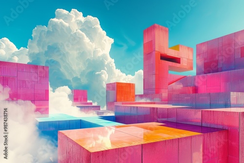 Abstract Bauhaus architecture, minimalist fantasy painting, pinks, oranges, blues, low poly style, flat roofs, depth through fades