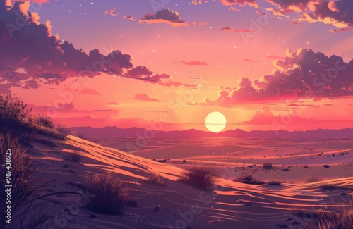 Serene Desert Sunset with Majestic Dunes and Vibrant Sky