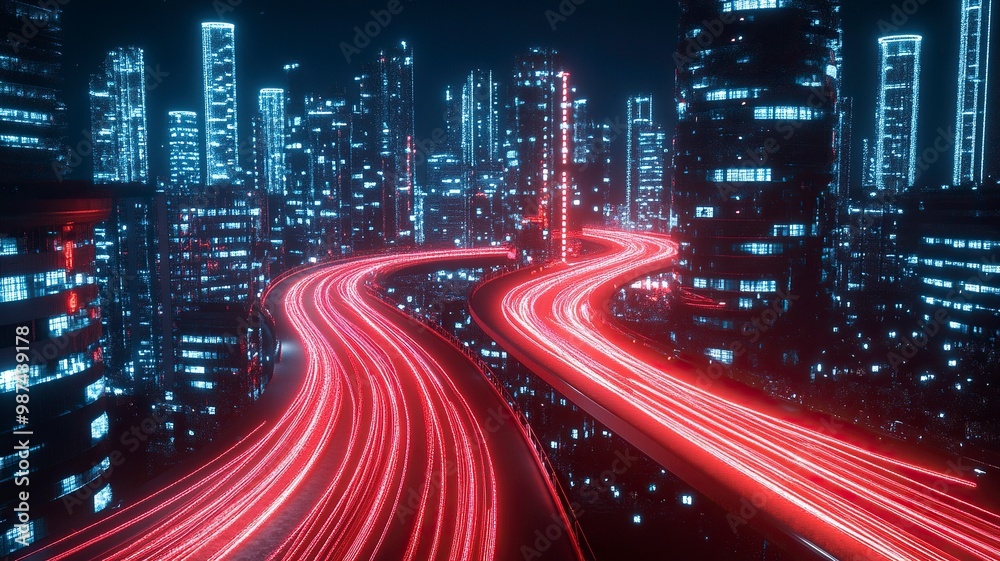 Fototapeta premium 3d rendering cityscape with red and light blue light trail on curve road. Concept city, downtown district, town at night with bright neon light. generative ai