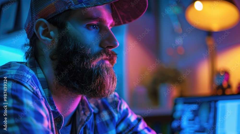 Focused Bearded Man Working Late at Night in a Neon-Lit Home Office Focused Bearded Man Working Late at Night in a Neon-Lit Home Office